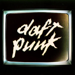 "Daft Punk - Human After All" album cover featuring a minimalist design with a metallic robot helmet, symbolizing the enigmatic electronic music created by the iconic duo.